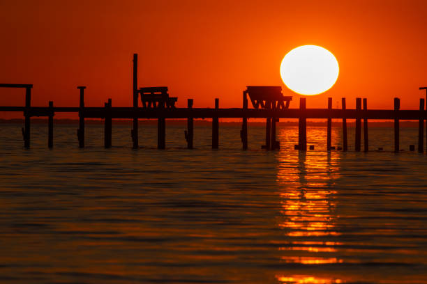 Looking from Kirkland to Seattle, Washington State, U.S.A.  Sunset with two people watching sun go down.