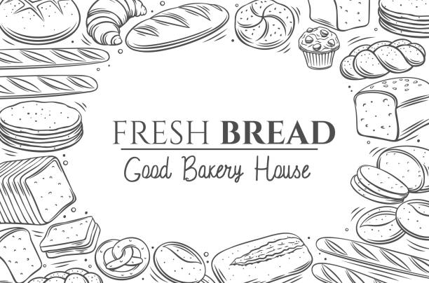 Bread products layout, monochrome outline vector illustration with lettering for bakery menu Bread products layout, monochrome outline vector sketch illustration with lettering for bakery menu. Engraved ink hand-drawn frame from muffin, toast, french baguette, rye, pretzel and croissant. bread borders stock illustrations