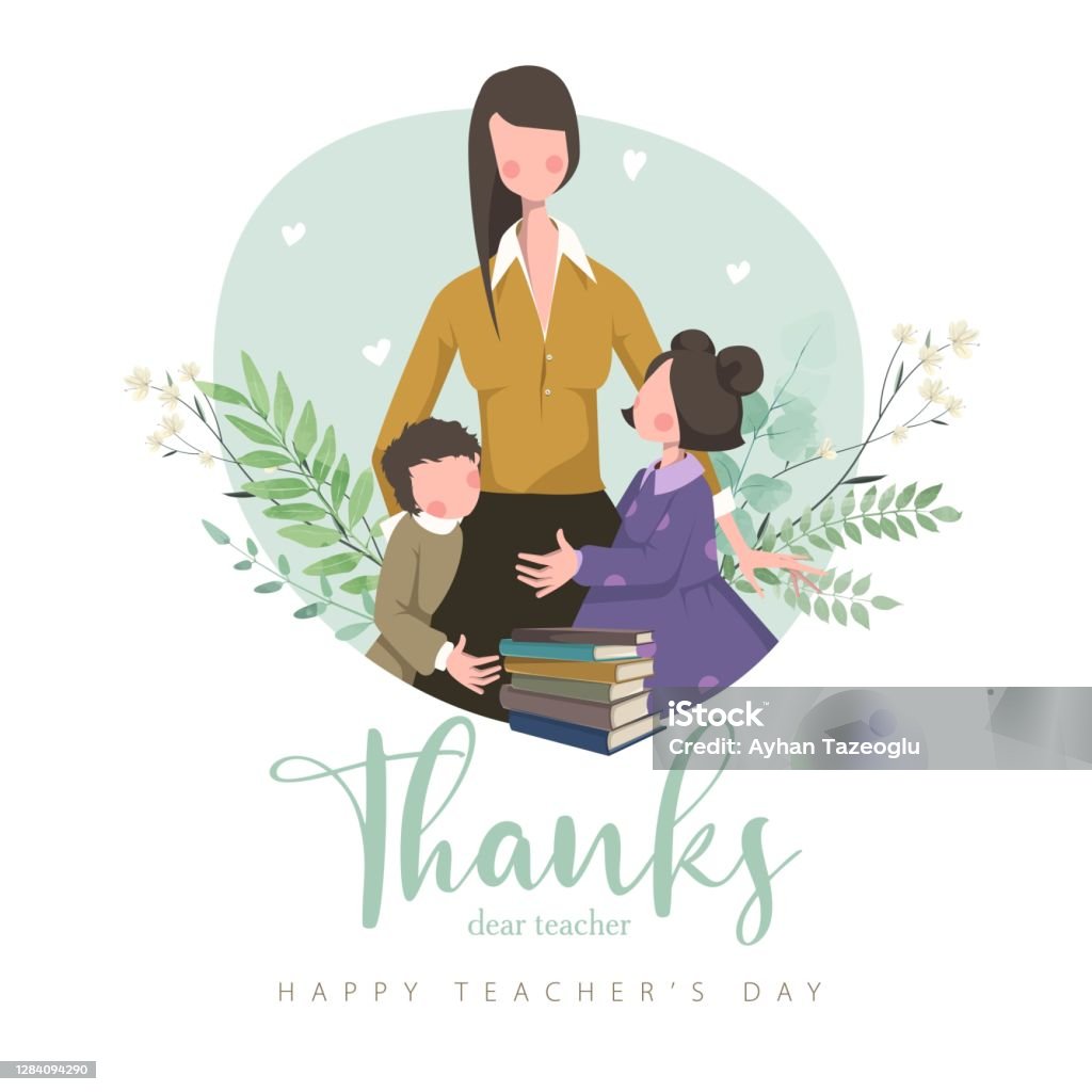 Thank You Teacher November 24 Happy Teachers Day Cartoon Vector Study  Flower Ornament Little Girl Little Boy Books Stock Illustration - Download  Image Now - iStock