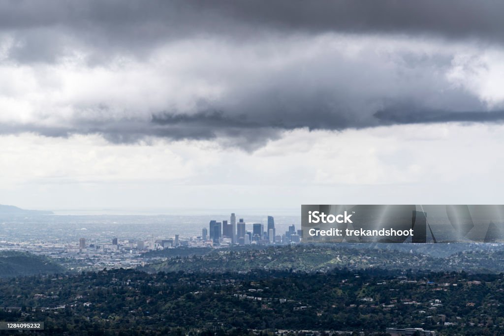 Dark Storms over Los Angeles Dark storm clouds above Los Angeles in Southern California. Rain Stock Photo