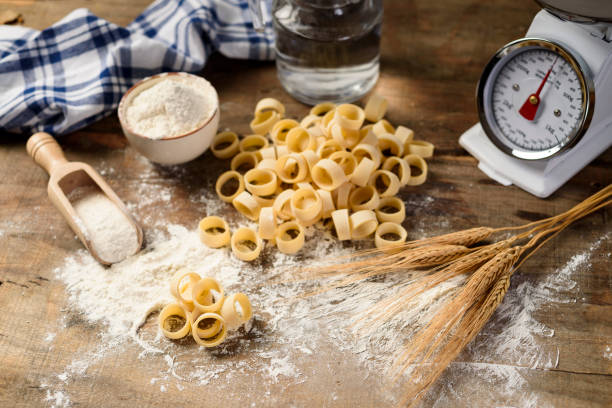 composition of homemade pasta with calamarata - 3504 imagens e fotografias de stock