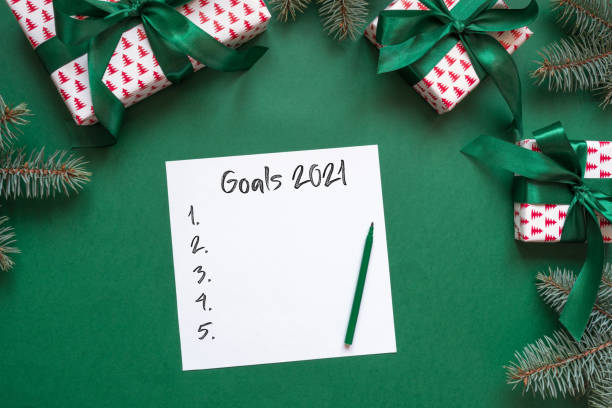 istock Goals for New 2021 Year and gifts on green. Vertical format. 1284097945