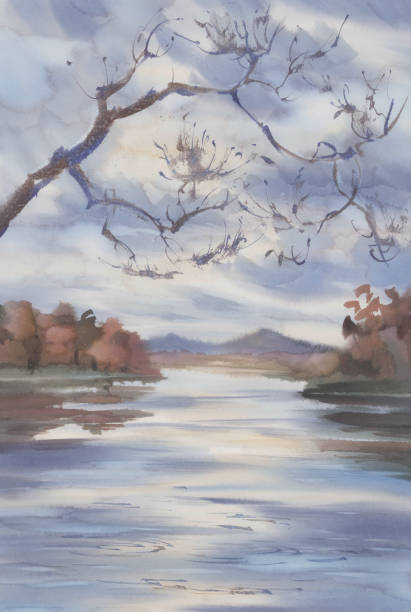 istock Morning mist by the river in autumn watercolor background 1284097952
