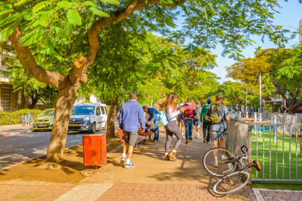 TEL AVIV, ISRAEL, DECEMBER - 2019 - Afternoon scene at famous rotschild pedestrian in tel aviv city, israel