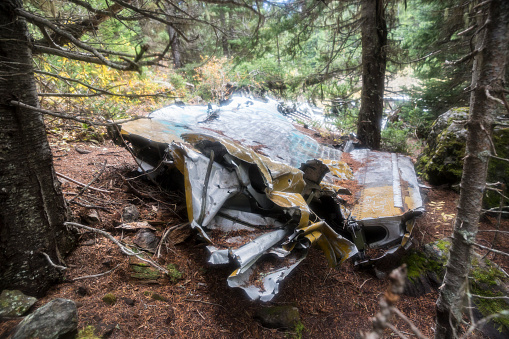 The wreckage of a crashed B-17 Flying Fortress on the side of a mountain in Olympic National Forest (Washington).