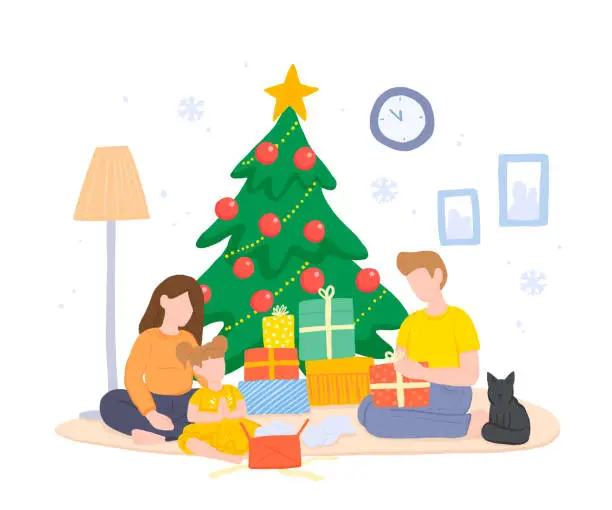 Vector illustration of Family Celebrating Christmas in Cozy Home Environment with Presents