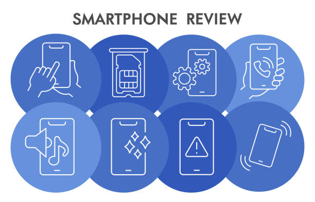 mobile bewertung infografik design vorlage mit symbolen. smartphone-komponenten infografik-visualisierung auf weißem hintergrund. vorlage für die eigenschaften des mobiltelefons für die präsentation. vektor-illustration. - infographic data symbol sign stock-grafiken, -clipart, -cartoons und -symbole