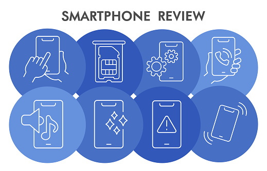 Mobile review infographic design template with icons. Smartphone components infographic visualization on white background. Cellphone characteristics template for presentation. Vector illustration