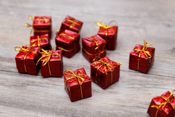 istock Different christmas decorations on wooden background. 1284101061