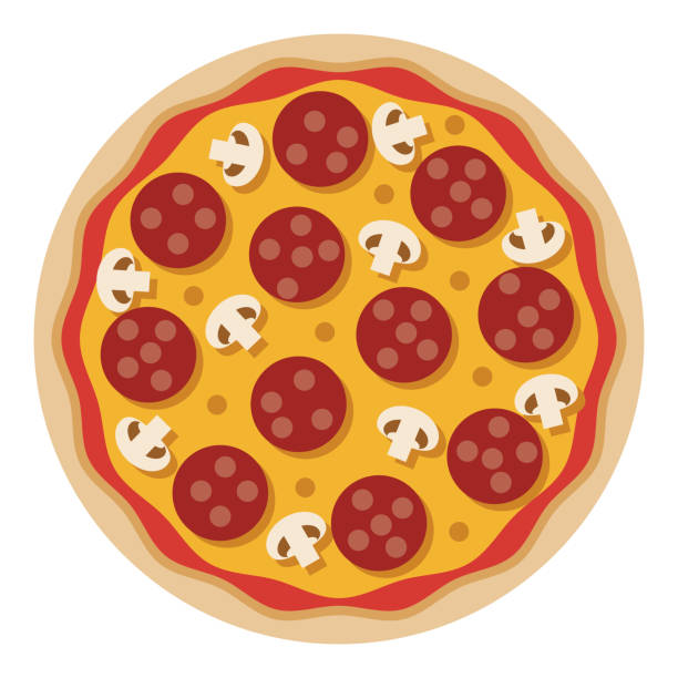 Pepperoni Mushroom Pizza Icon on Transparent Background A flat design icon on a transparent background (can be placed onto any colored background). File is built in the CMYK color space for optimal printing. Color swatches are global so it’s easy to change colors across the document. No transparencies, blends or gradients used. pizza stock illustrations