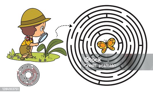 istock Maze, Girl looking at butterfly through magnifying glass 1284103751