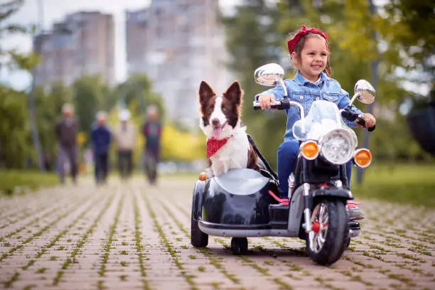 Photo of Happy little girl driving in a toy motocycle