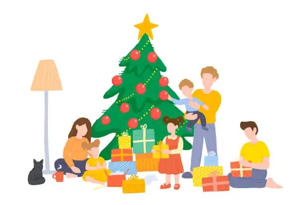 Vector illustration of Family Celebrating Christmas in Cozy Home Environment with Presents