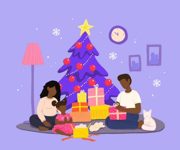 Family Celebrating Christmas in Cozy Home Environment with Presents Mom, dad, daughter and cat sit on a cozy carpet near the Christmas tree and unpack presents. Paintings and clocks are hanging on the wall in the room, and there is a floor lamp next to it. The Christmas tree is decorated with toys and a star on top. African american family. family christmas stock illustrations