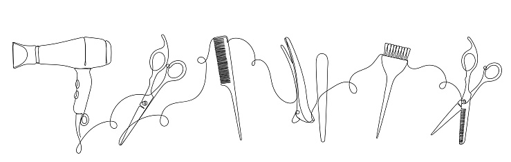 An abstract image with continuous black line of hairdresser set. Isolated on white. Vector illustration.