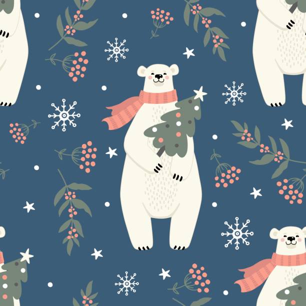 nahtloses muster mit eisbär und winterdekor, für neujahrsurlaub auf blauem hintergrund nahaufnahme - polar bear bear white close up stock-grafiken, -clipart, -cartoons und -symbole