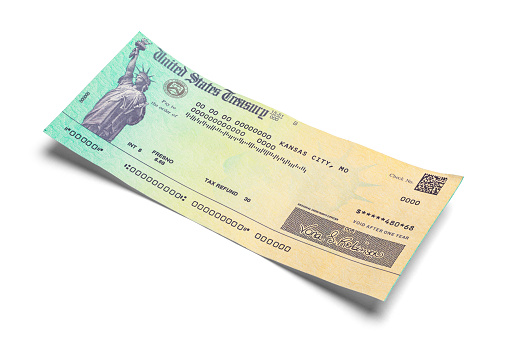 Tax Refund Check with Copy Space Cut Out on White.