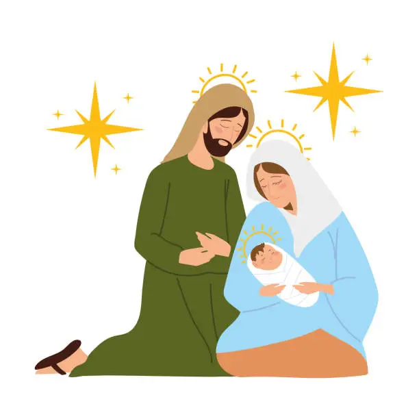 Vector illustration of nativity, manger scene holy family together and stars