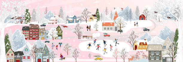 ilustraciones, imágenes clip art, dibujos animados e iconos de stock de paisaje de invierno por la noche con la gente divirtiéndose haciendo actividades al aire libre en año nuevo, día de navidad en el pueblo con la celebración de la gente, niños jugando patines de hielo, adolescentes esquiando con la nieve cayendo - mono ski
