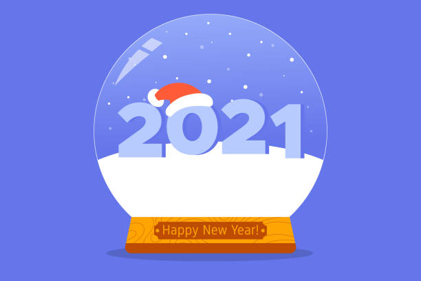 istock Number 2021 in Snow Globe with santa hat. Christmas and New Year concept. Colorful flat vector illustration for poster, greeting card, web, banner 1284111936