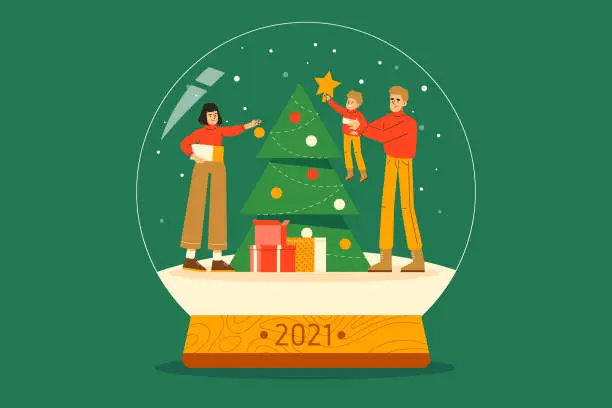 Vector illustration of Family decorating Christmas Tree together in Snow Globe. Celebrating New Year Holiday 2021. Colorful flat vector illustration for poster, greeting card, web, ui