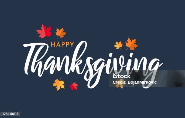 Happy Thanksgiving Lettering Background With Leafs Vector Stock Illustration - Download Image Now
