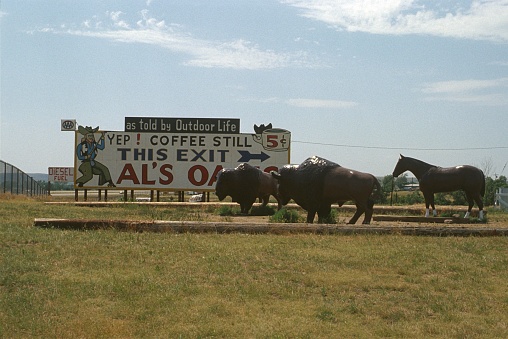 South Dakota, USA, 1981. Advertising sign with buffalo for Al`s oasis.