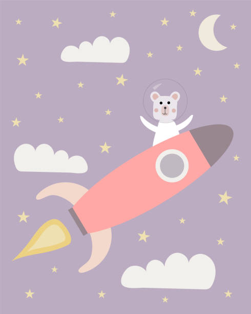 istock Cute astronaut bear on a space rocket with clouds, stars and the moon as a background 1284116760