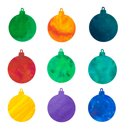 Watercolor set with abstract silhouettes of Christmas balls. Yellow, green, orange, red, purple, blue and violet balls. For decoration and design, printing on paper and textile.