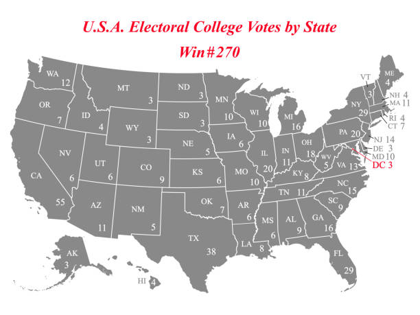 USA electoral college votes by state Highly detailed vector map of United States of America with abbreviated names of states and electoral college vote number by state. 270 electoral college votes are required for a presidential candidate to win the election. The map is accurately prepared by a map expert, and the reference for this map can be found at https://www.archives.gov/electoral-college/allocation west virginia us state stock illustrations