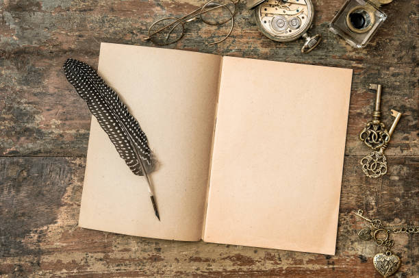istock Open journal book vintage feather pen Flatlay mockup 1284120110