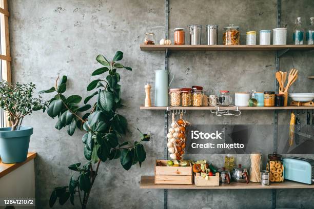 Groceries In Glass Jars Arranged On Wooden Shelves Stock Photo - Download Image Now - Kitchen, Shelf, Storage Compartment