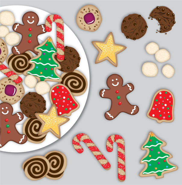 Christmas Cookies Digital Illustration Illustration of all different kinds of Christmas Cookies - Some stacked on a white plate. Pinwheels, thumbprints, chocolate chocolate chip, iced sugar cookie cutouts, gingerbread men, candy cane swirled cookies, snowball cookies christmas cookies stock illustrations