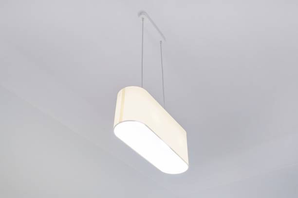 istock White elegant modern ceiling lamp with textile shade in interior 1284121386