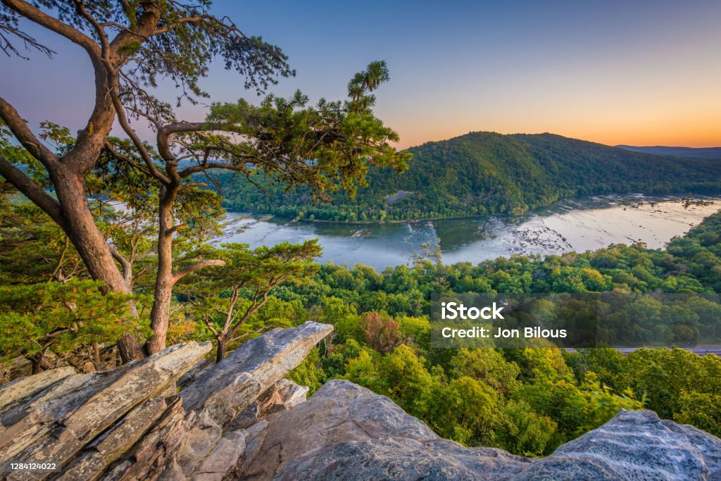 Sunset view of the Potomac River, from Weverton Cliffs, near Harpers Ferry, West Virginia Maryland - US State Stock Photo