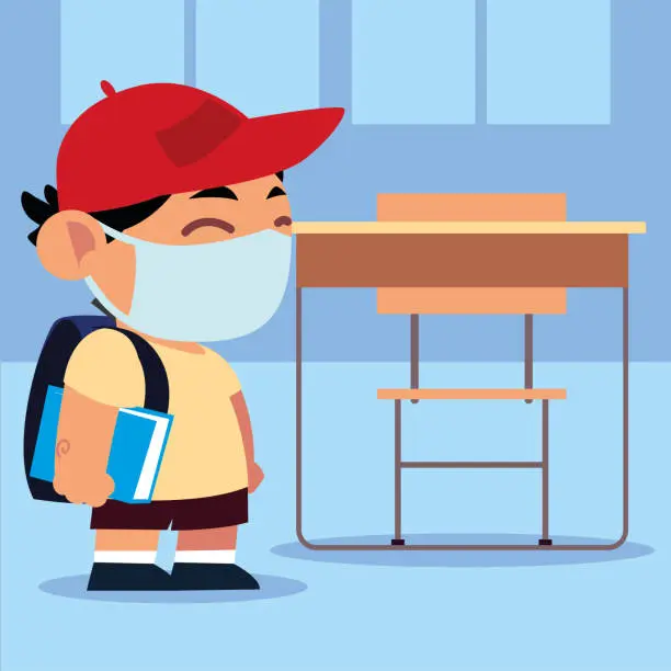 Vector illustration of back to school, student cute boy with protective mask in the classroom, new normal