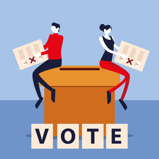 istock election day, man and woman with ballots sitting on box voting 1284127418