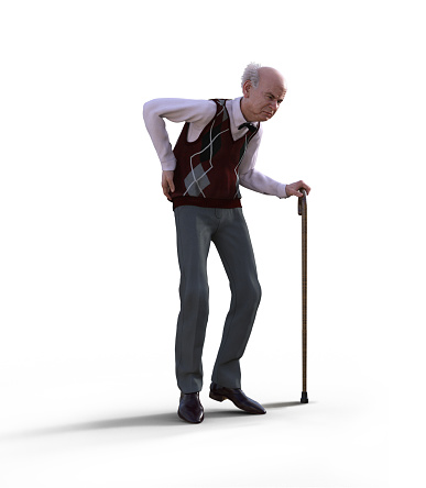 An eccentric senior man with a walking cane suffering from back pain, isolated on white background,  3d render.