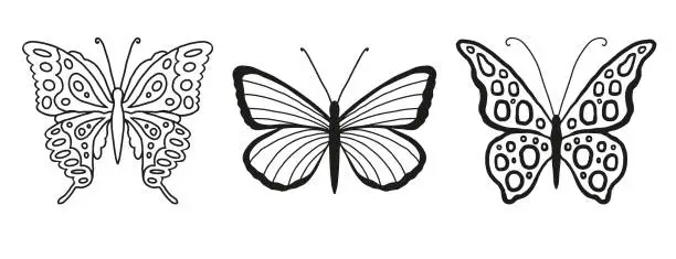 Vector illustration of Set of silhouettes of butterflies isolated on white background in vector format.Separate objects for logo, design, illustration for easy and graceful design. Freedom. Insect with beautiful wings