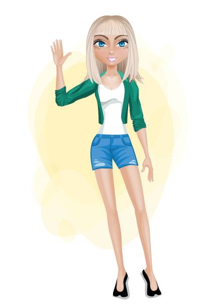 ilustrações de stock, clip art, desenhos animados e ícones de stylish young woman in shorts and a green jacket. a blonde with blue eyes waves his hand in greeting. - fashionable the human body short hair human head