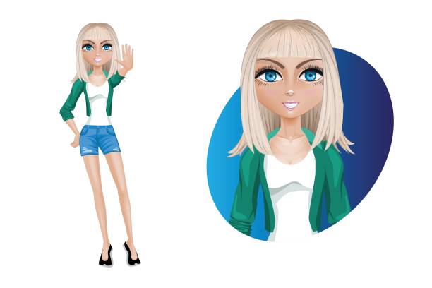 ilustrações de stock, clip art, desenhos animados e ícones de stylish young woman in shorts and a green jacket. beautiful cartoon character modern. pose- stop. - fashionable the human body short hair human head