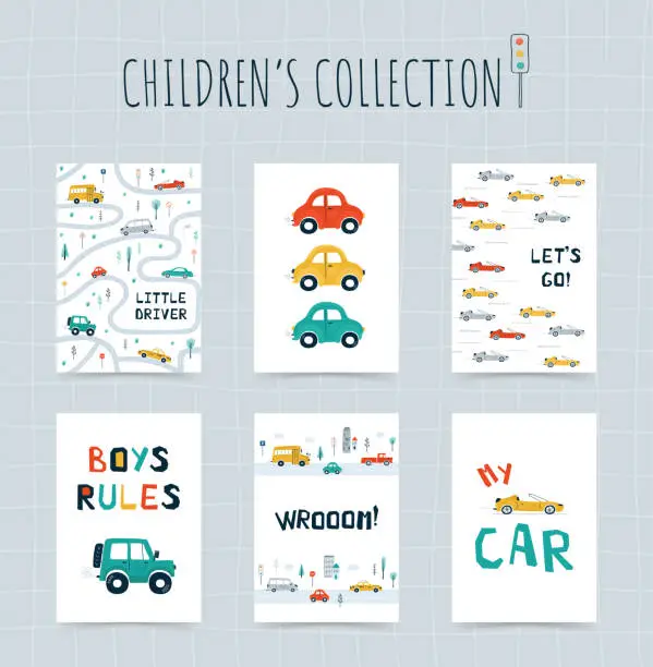 Vector illustration of Collection children's posters with cars, road map and lettering in cartoon style. Cute illustrations for children's room design, postcards, prints for clothes. Vector