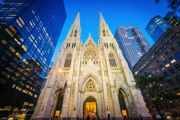 St. Patricks Cathedral at night, in Manhattan, New York.