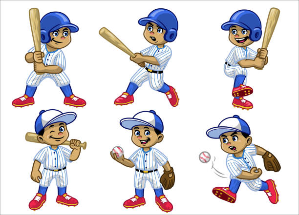 ilustrações, clipart, desenhos animados e ícones de set desenho animado de menino branco jogador de beisebol - baseball player child athlete baseball