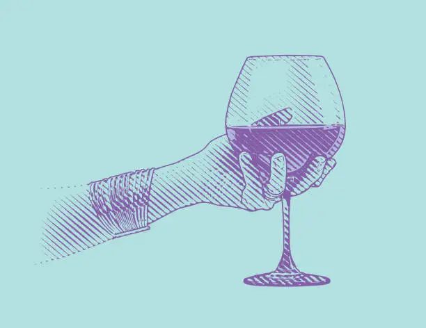 Vector illustration of Close-up of Hand holding glass of wine