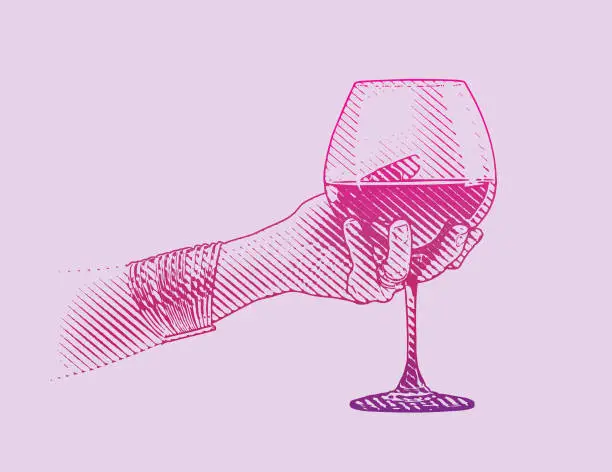 Vector illustration of Close-up of Hand holding glass of wine