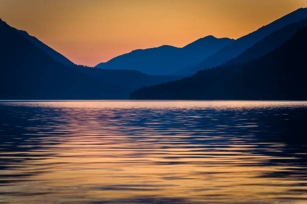 Distant mountains and Lake Crescent at sunset, in Olympic National Park, Washington