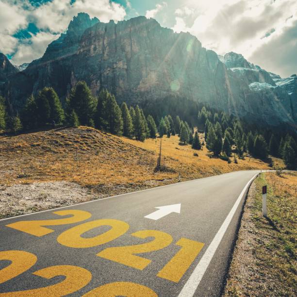2021 New Year road trip travel and future vision concept .