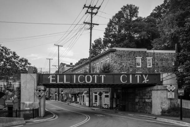Ellicott City sign on train bridge, in Ellicott City, Maryland stock photo