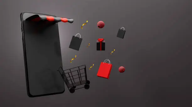 Black Friday sale shopping online on website or mobile application with shopping cart and shopping bag. 3d rendering